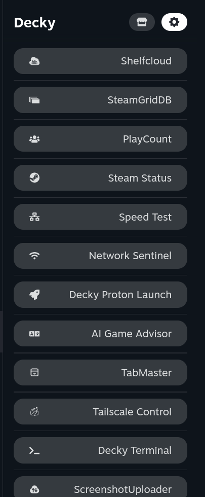 The Decky plugin list in the Steam Deck Quick Access menu, with Shelfcloud at the top.